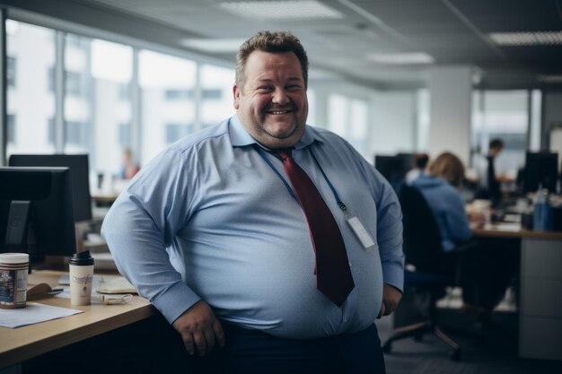 Foto ein mann in blauem hemd und krawatte steht in einem büro