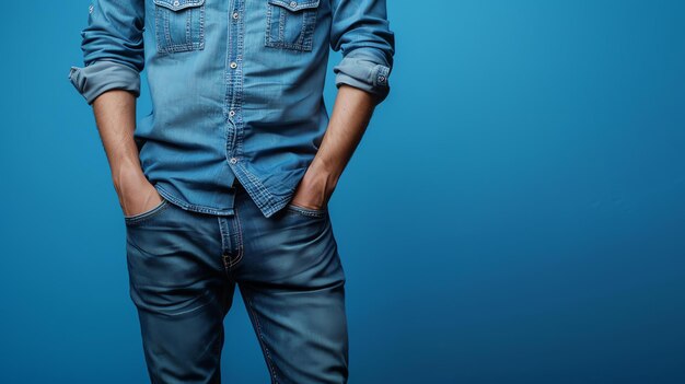 Foto ein mann in blauen jeans und blauem hemd steht mit den händen in den taschen vor einem blauen hintergrund.