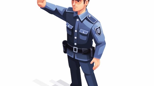 ein Mann in blauer Uniform steht auf einer weißen Oberfläche mit der Hand auf die Kamera gerichtet.