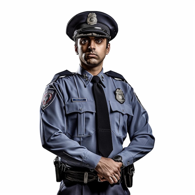 Ein Mann in blauer Uniform steht vor weißem Hintergrund.