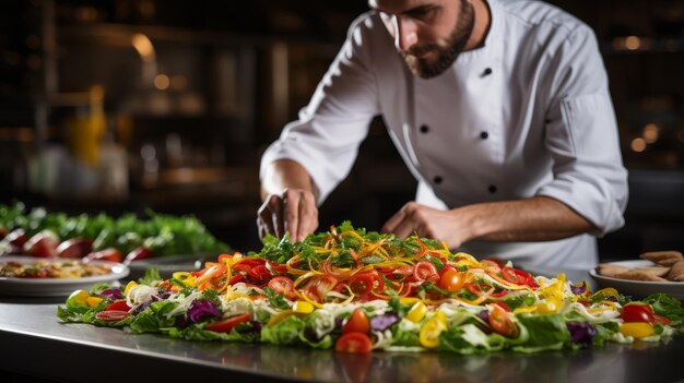 Ein Mann in Chefuniform bereitet geschickt einen frischen Salat vor