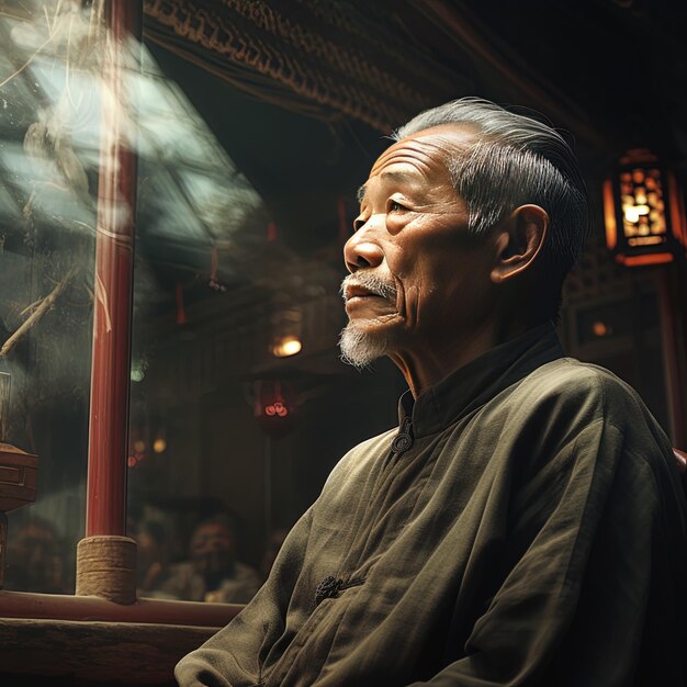 Foto ein mann in chinesischer kleidung schaut aus einem fenster