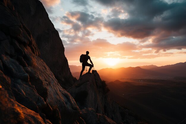 Ein Mann in den Dreißigern erobert bei Sonnenuntergang einen Berggipfel