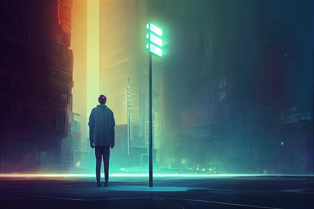 Ein Mann in der Stadt steht in der Nähe einer Ampel Malerei im digitalen Kunststil