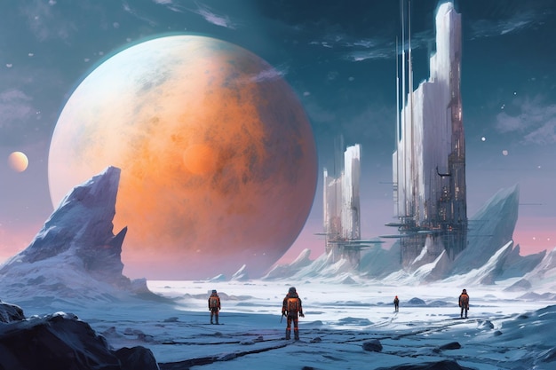 Ein Mann in einem Anzug geht über einen gefrorenen Planeten mit einem roten Planeten im Hintergrund.