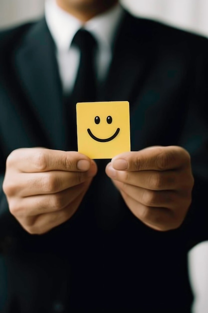 Ein Mann in einem Anzug hält eine Karte mit einem von KI generierten Emoji