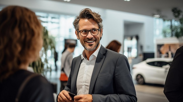 ein Mann in einem Anzug mit Brille, der mit einer Frau in einem anzug spricht.