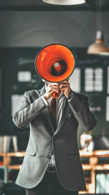 Ein Mann in einem Anzug mit einem orangefarbenen Mikrofon