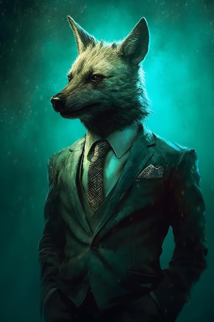 Ein Mann in einem Anzug mit einem Wolfskopf darauf