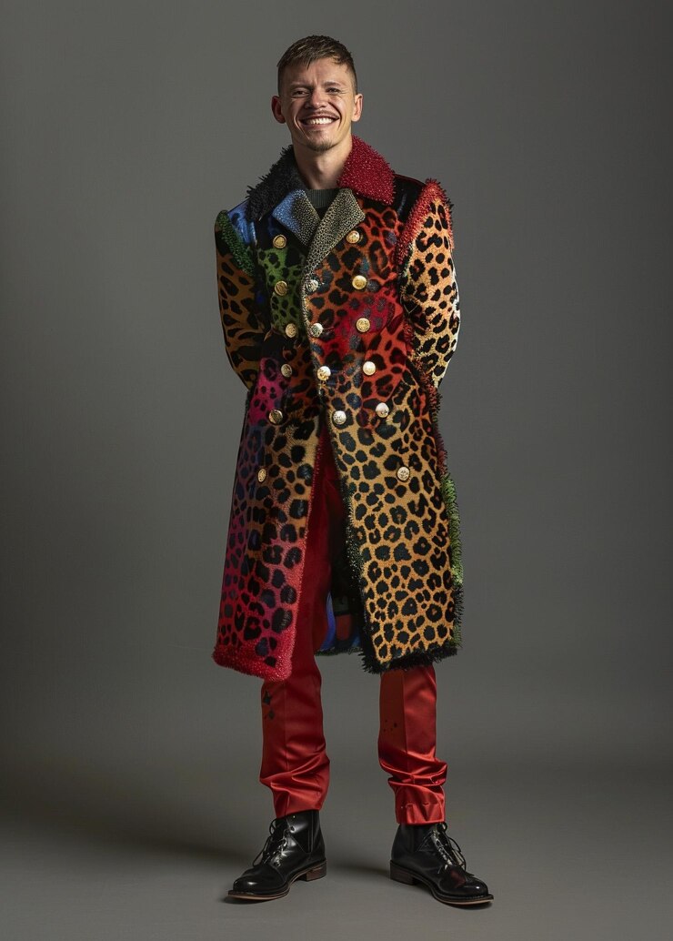Foto ein mann in einem anzug mit einer leopard-printjacke und roten stiefeln