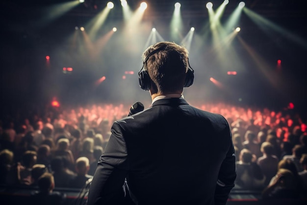 ein Mann in einem Anzug mit Kopfhörern vor einer Bühne mit einem Mann in einem anzug, der auf ein Mikrofon schaut
