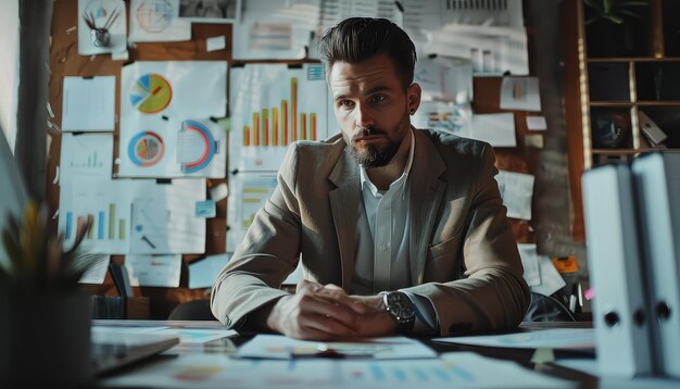 Foto ein mann in einem anzug sitzt an einem schreibtisch mit vielen papieren und grafiken um ihn herum