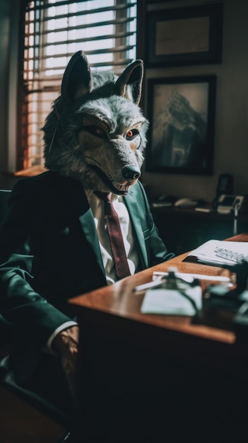 Ein Mann in einem Anzug sitzt an einem Schreibtisch und hat eine Wolfsmaske auf dem Kopf. Generatives KI-Bild