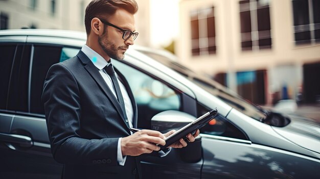 Foto ein mann in einem anzug steht mit einem tablet in der hand vor einem auto.