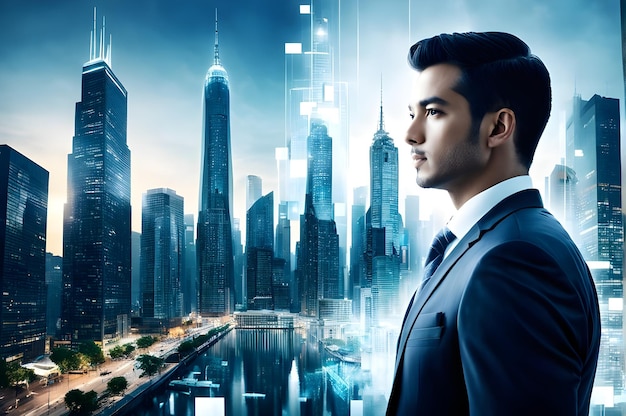 ein Mann in einem Anzug steht vor einem Wolkenkratzer