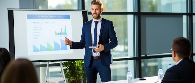 Foto ein mann in einem anzug weist auf eine präsentation über den finanzplan des unternehmens hin