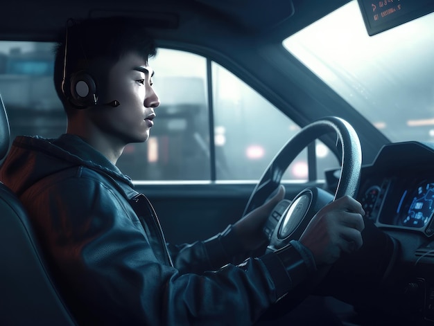 Ein Mann in einem Auto, der ein Headset und ein Bluetooth-Gerät trägt.