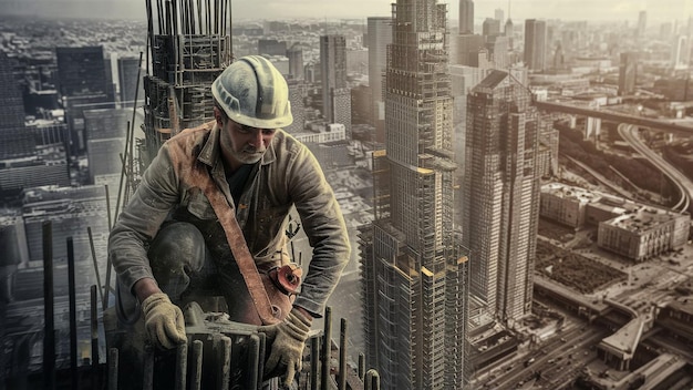 ein Mann in einem Bauhelm schaut auf ein Gebäude mit vielen Fenstern