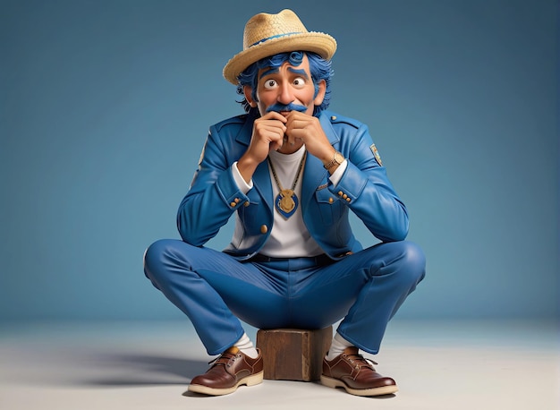 ein Mann in einem blauen Anzug und Hut sitzt auf einem Holzblock