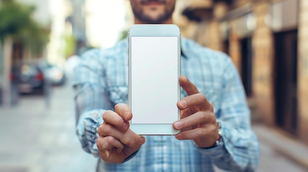 Foto ein mann in einem blauen hemd hält ein weißes smartphone in den händen der mann steht in einer belebten straße mit autos und menschen, die vorbeigehen