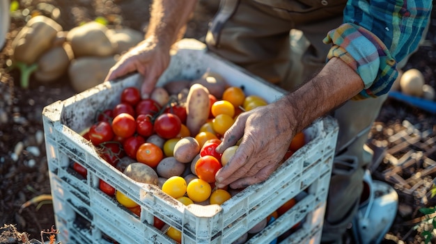Ein Mann in einem blauen Hemd hält eine Kiste voller reifen Tomaten