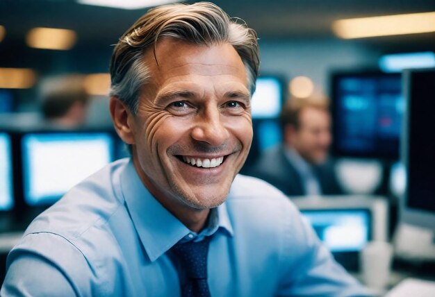 ein Mann in einem blauen Hemd lächelt vor einem Computerbildschirm