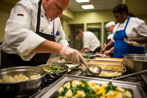 ein Mann in einem blauen Hemd schneidet Essen mit anderen Leuten in der Küche