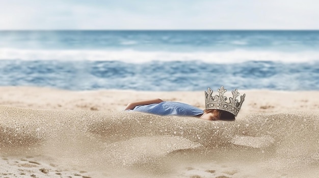 Ein Mann in einem blauen Hemd und einer Krone auf dem Kopf liegt im Sand, im Hintergrund das Meer.