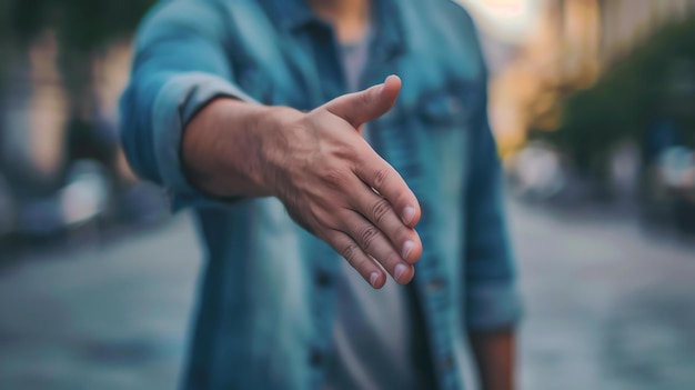 Foto ein mann in einem blauen jeanshemd streckt seine hand aus, um zu schütteln. der hintergrund ist verschwommen und der fokus liegt auf der hand des mannes.