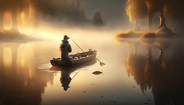 Ein Mann in einem Boot auf einem See mit herbstlichen Bäumen im Hintergrund