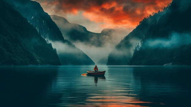 Ein Mann in einem Boot in einem See mit Bergen im Hintergrund