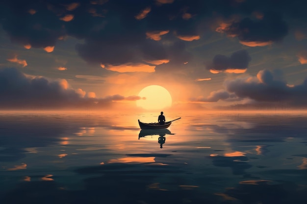 Ein Mann in einem Boot ist auf einem See und die Sonne geht hinter ihm unter.