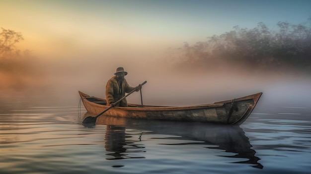 Ein Mann in einem Boot mit Hut im Wasser.