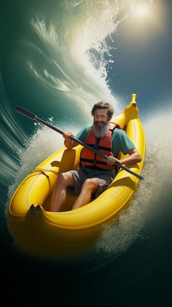 ein Mann in einem Boot mit Paddel und Paddel.