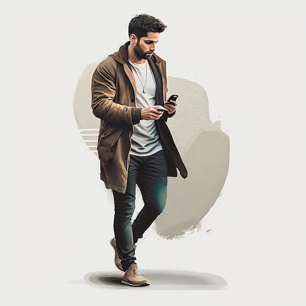 Ein Mann in einem braunen Mantel geht und schaut mithilfe künstlicher Intelligenz auf sein Telefon