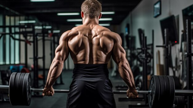 Ein Mann in einem Fitnessstudio mit einer Langhantel auf den Schultern