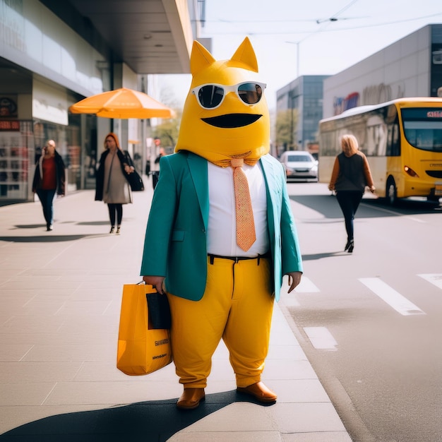 ein Mann in einem gelben Anzug mit einem Rucksack und einer Tasche Kaffee im Hintergrund und ein Mann in einer gelben S