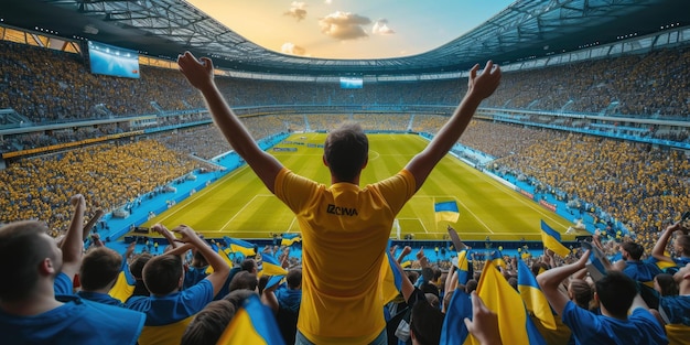 Ein Mann in einem gelben Hemd steht in einem Stadion mit den Armen in der Luft AIG41