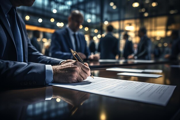 ein Mann in einem Geschäftsanzug unterschreibt einen Vertrag oder eine Vereinbarung mit einem teuren Stift-Close-Up-Geschäft