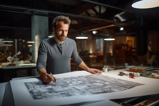 ein Mann in einem grauen Hemd zeichnet ein Bild einer Zeichnung eines Gebäudes