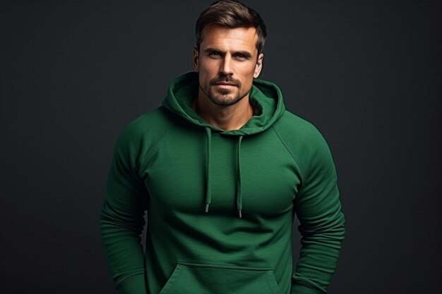 ein Mann in einem grünen Hoodie steht vor einem schwarzen Hintergrund