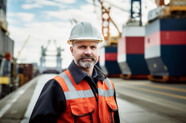 Ein Mann in einem harten Hut und Arbeitskleidung steht vor dem Hintergrund des Hafens