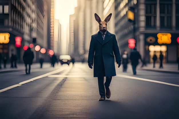 Ein Mann in einem Hase-Anzug geht mit einem Kaninchen auf dem Kopf die Straße entlang.