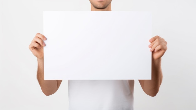 ein Mann in einem Hemd hält ein Stück leeres Papier vor