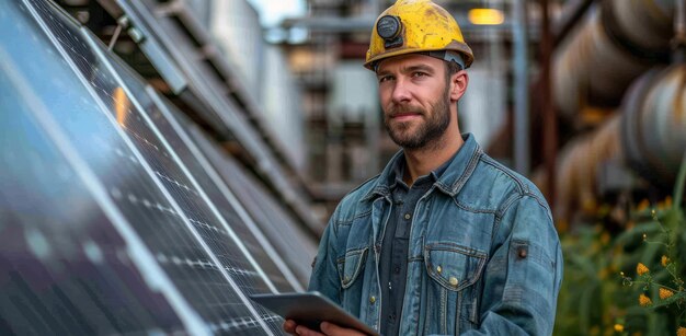 Ein Mann in einem Hut steht neben Solarpanelen und einem Tablet. Ein Ingenieur hält ein Tablet vor den Solarpanelen.