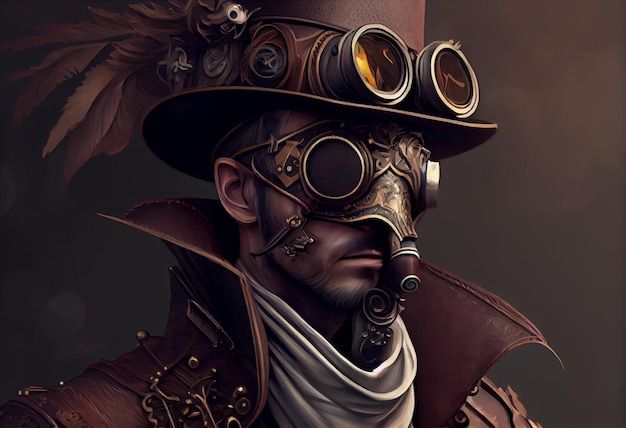 Ein Mann in einem Hut und einem Hut im Steampunk-Stil mit dem Wort Steampunk darauf.