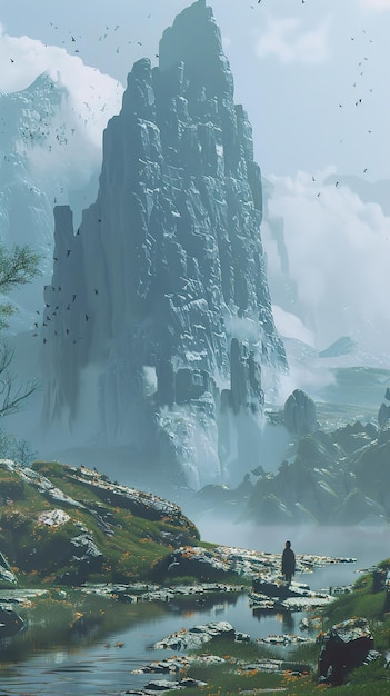 ein Mann in einem Kajak steht auf einer Klippe über einem Wasserfall