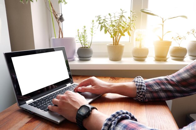 Ein Mann in einem karierten Hemd benutzt einen Laptop mit einem isolierten weißen Bildschirm