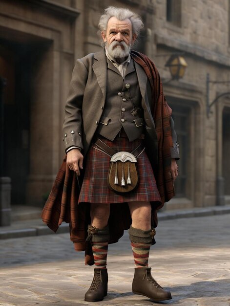 Foto ein mann in einem kilt geht eine straße entlang