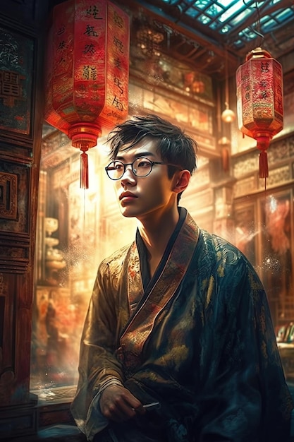 ein Mann in einem Kimono mit einer Laterne an der Wand